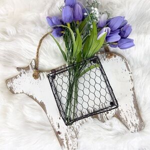 Farmhouse Rustic Cow Wall Decor with Wire Basket